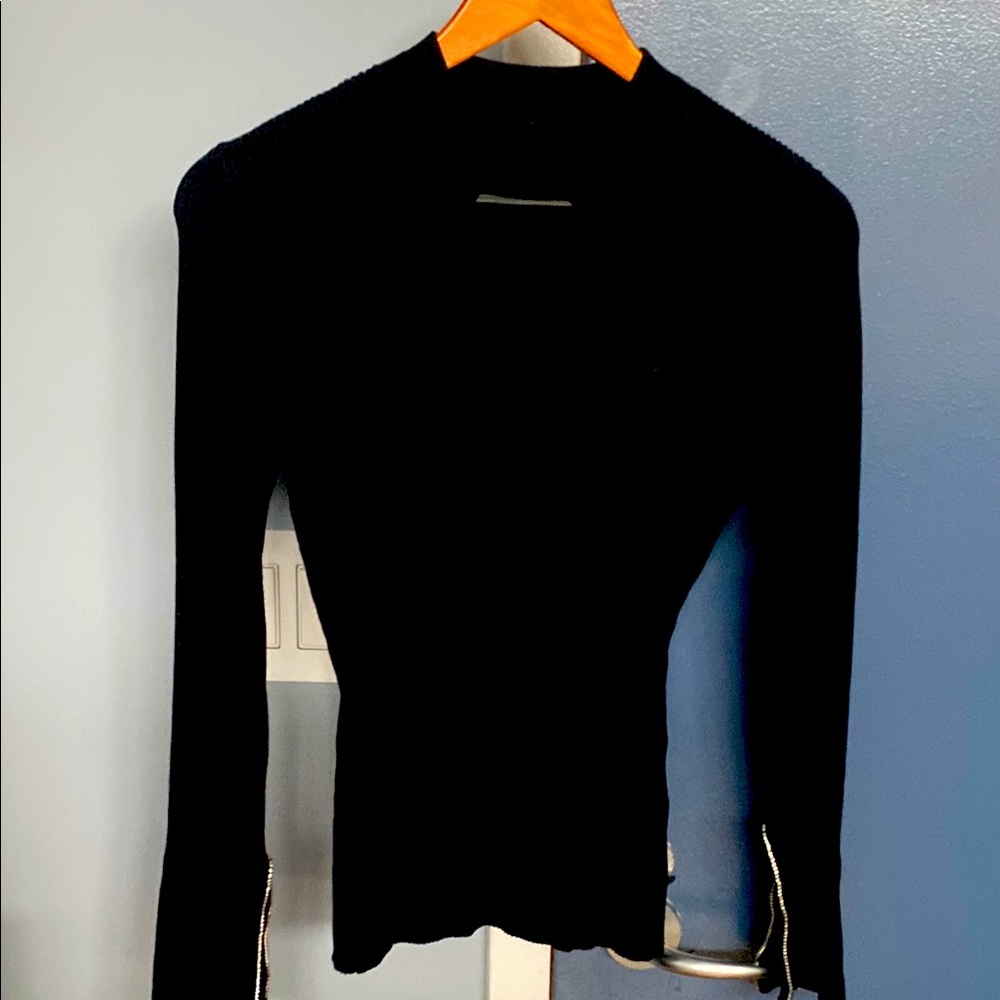 Black Long Sleeve Top with Zipper Details